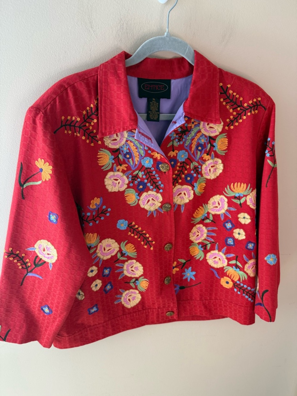 Vintage red Embroidered Floral Boho Jacket entice cotton rayon petite Large